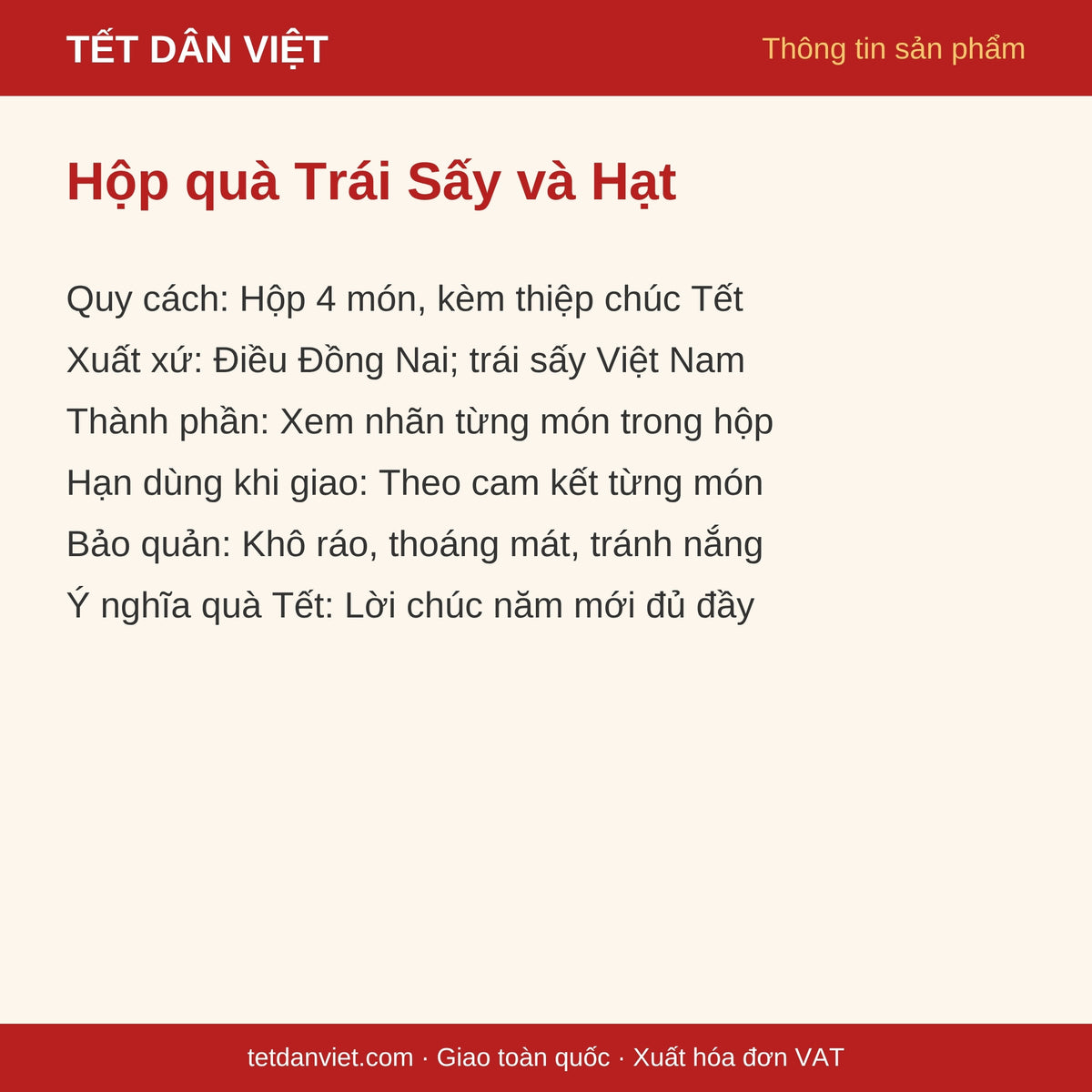 Thẻ thông tin Hộp quà Tết Trái Sấy và Hạt: quy cách, xuất xứ, bảo quản